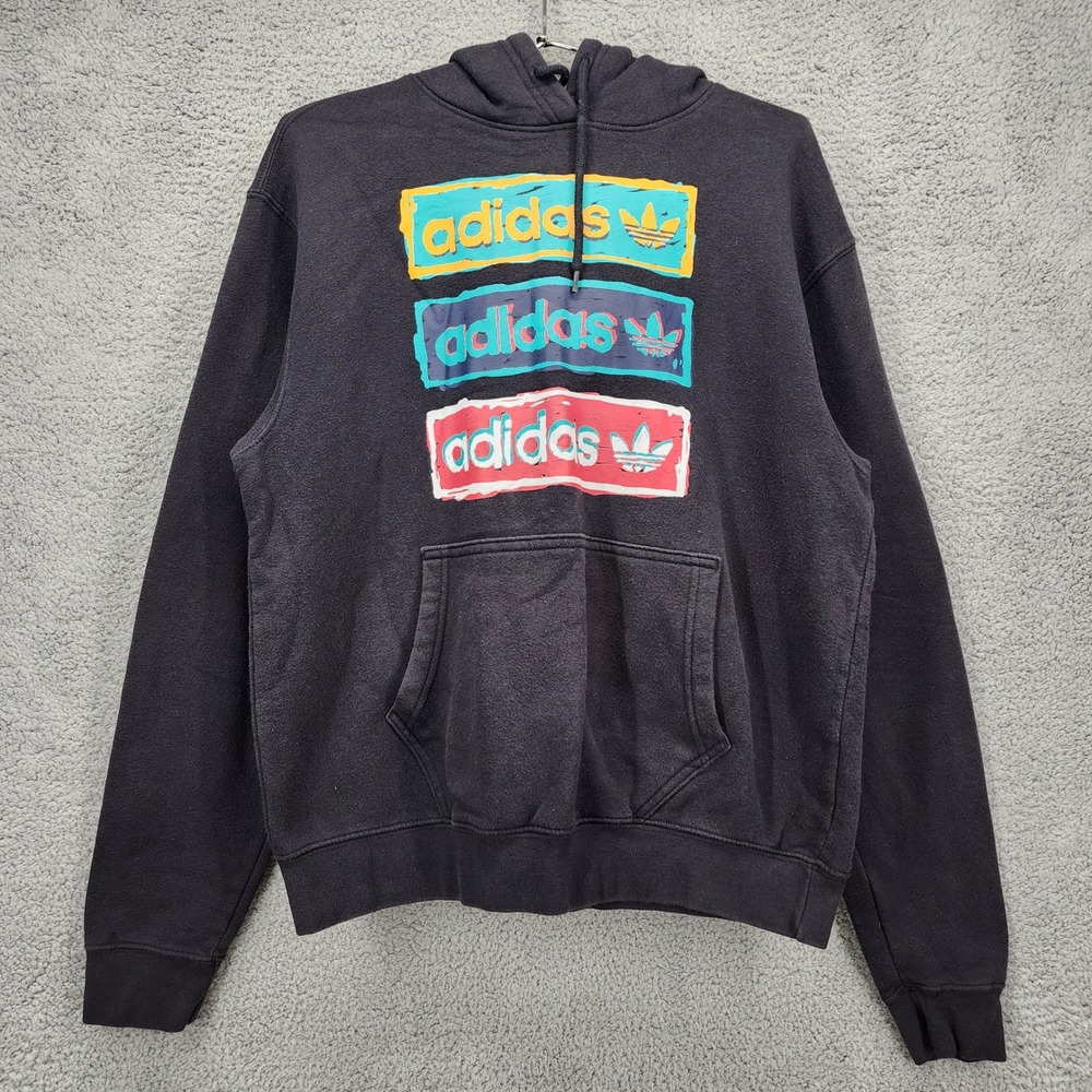 Adidas Men's Medium Black Hoodie Sweatshirt Stacked Logo Graphic Pullover
